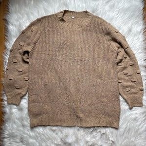 Boho Minimalist Brown Sweater women’s large Balloon Sleeve raised dots oversized